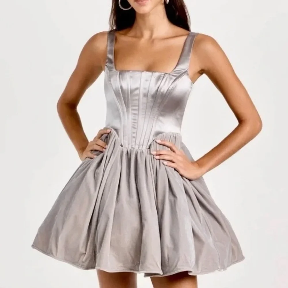 STAUD Landscape Silver Mini Dress Velvet Gray Tulle - Picture 1 of 9